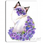 DesignArt 'Cute Cat with Blue Flowers' Painting Print on Wrapped Canvas DOSK5693